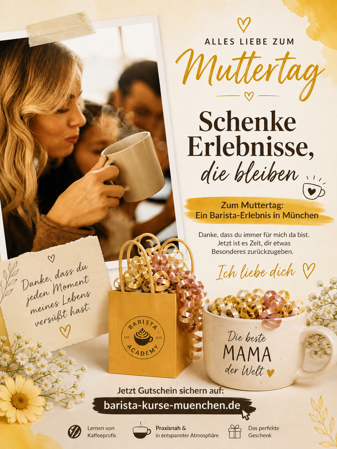 Muttertag — Schenke Erlebnisse, die bleiben. Jetzt Gutschein sichern auf barista-kurse-muenchen.de